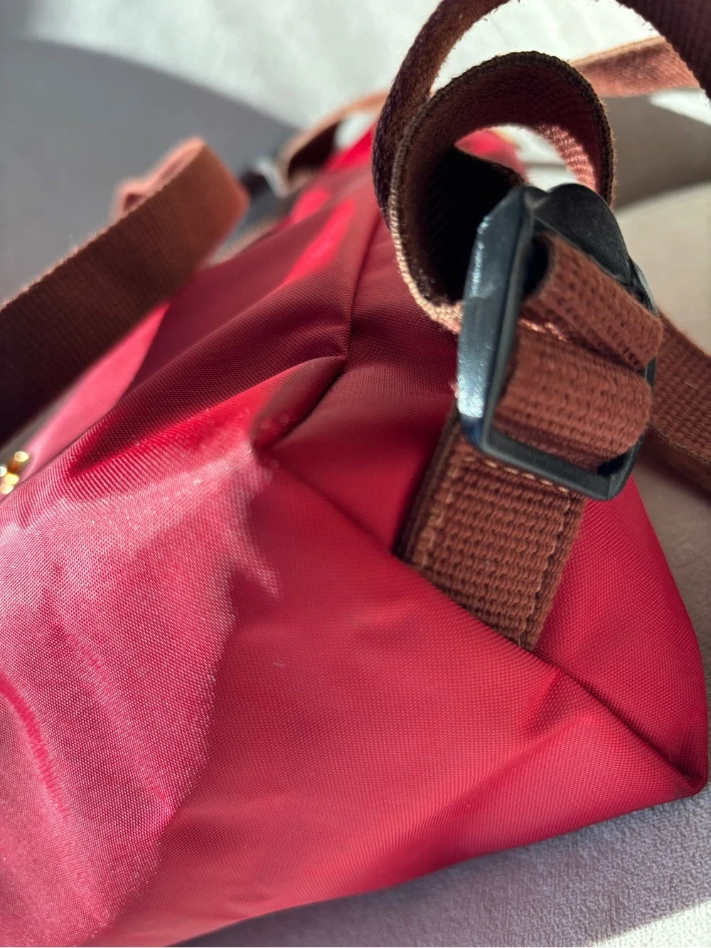 Longchamp Le Pliage Red Women's Nylon Backpack with Brown Leather Flap